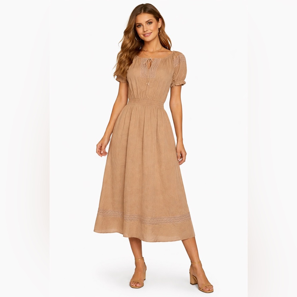 Chaudry KC Tan Women's size Medium Chocolate‎ 100% Cotton Midi Dress
